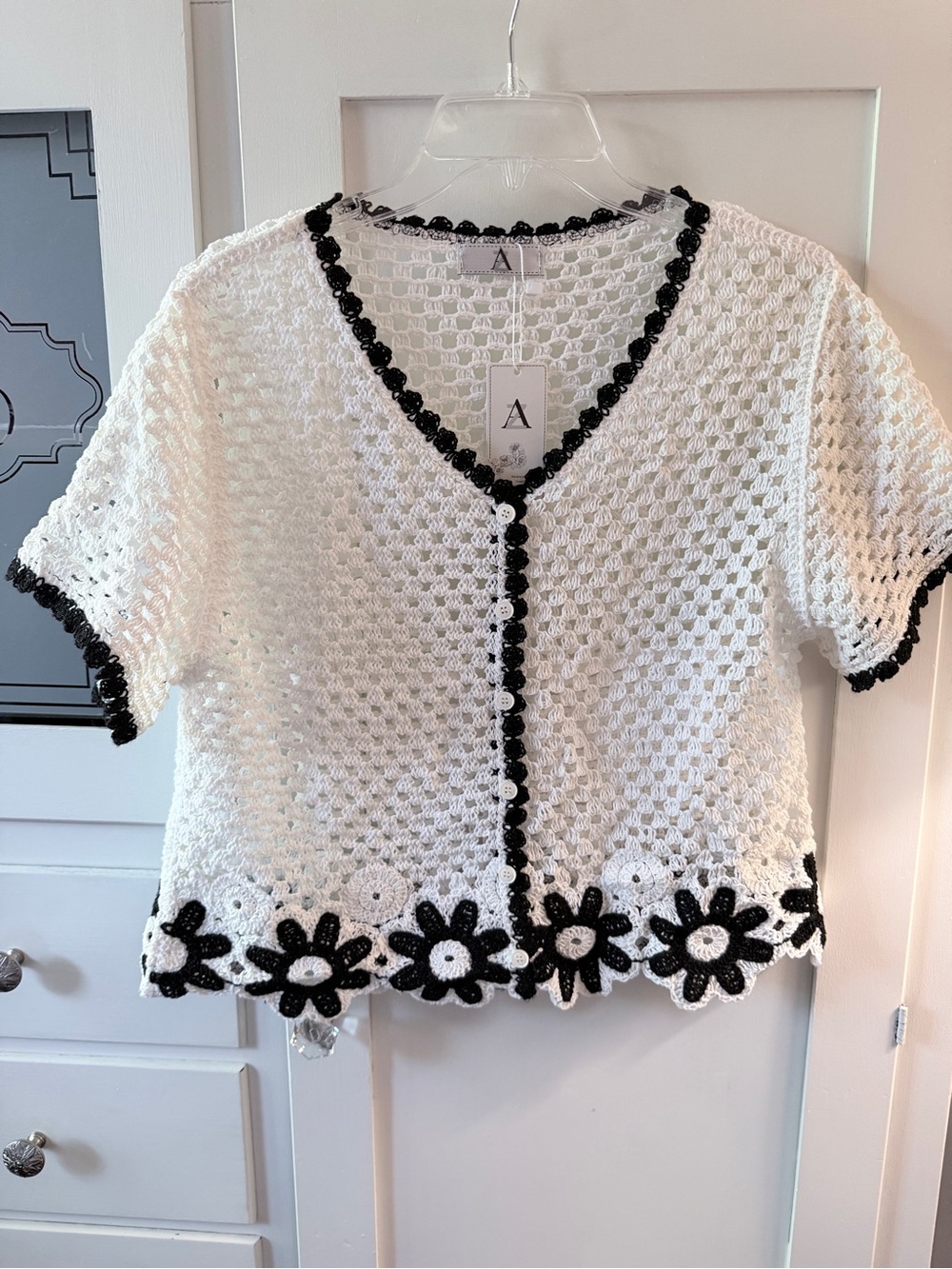 AKA New York White Crochet Short-Sleeve Cardigan with Black Trim
